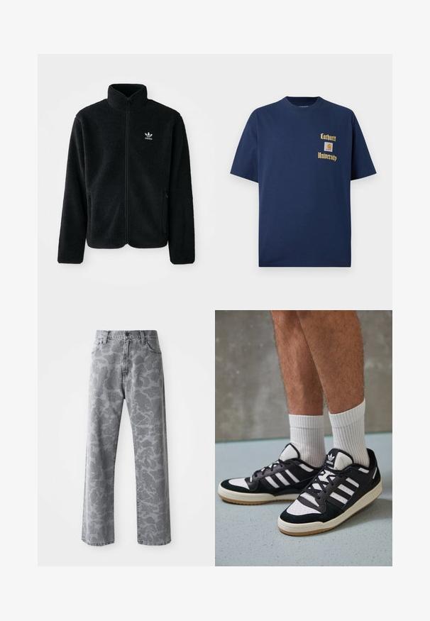 Schwarze Fleecejacke mit hohem Kragen, durchgehendem Reißverschluss und Fronttaschen. Verfügt über strukturiertes Material und ein kleines weißes Logo auf der linken Brust.; Marineblaue Baumwoll-T-Shirt mit kurzen Ärmeln, mit goldener Schrift "Carhartt University" und einem Logo-Patch auf der linken Brust.; Graue Denim-Jeans mit einem Camouflage-Muster, geradem Bein-Design, fünf Taschen und einem Knopfverschluss.; Schwarz-weiße Sneaker mit einem Obermaterial aus Wildleder und Leder, ausgestattet mit drei weißen Streifen, einer perforierten Zehenpartie und einer Sohle aus Gummi.