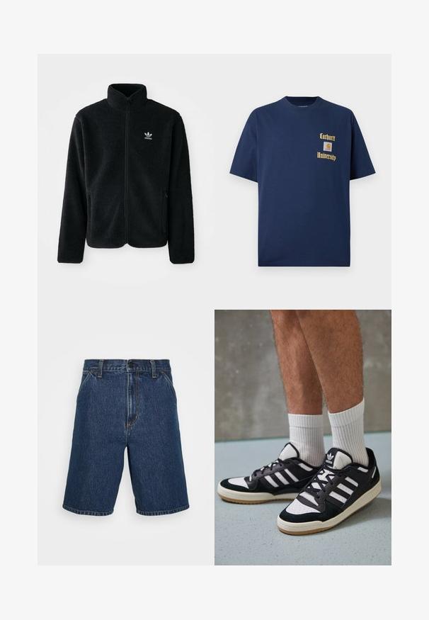 Svart fleecejakke med høy krage, glidelås foran og frontlommer. Har strukturert stoff og liten hvit logo på venstre bryst.; Mørk blå bomull t-skjorte med korte ermer, med gulltekst "Carhartt University" og et logo-patch på venstre bryst.; Denimshorts i mørkeblå med rett snitt. Har gule sømmer og et klassisk fem-lommers design. Vanlig midje og nede kanter.; Sorte og hvite sneakers med overdel i semsket skinn og lær, med tre hvite striper, perforert tå og en såle av gummi.