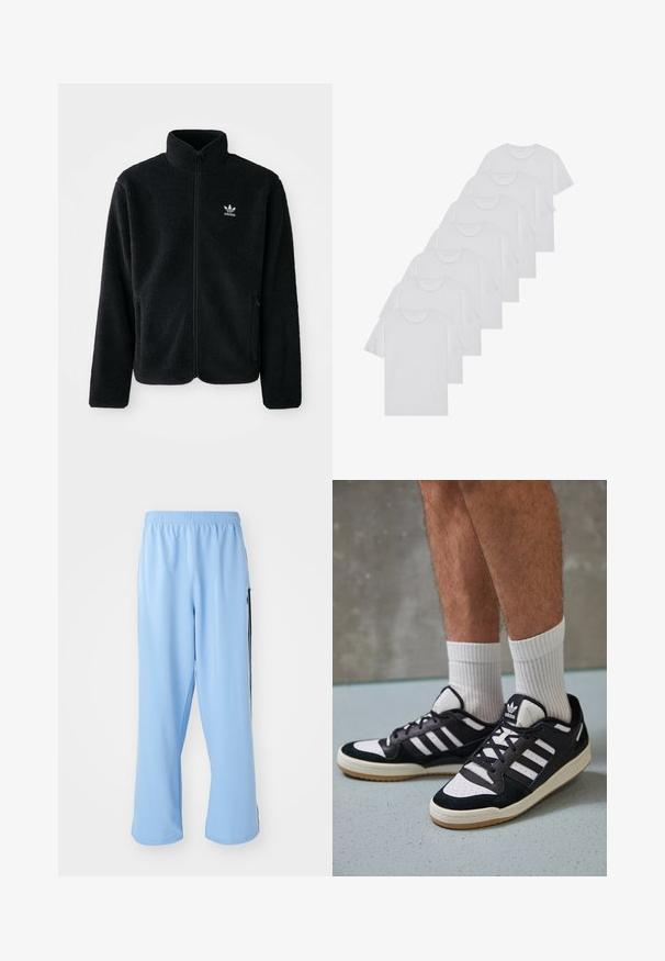 Juodas fliso džemperis su aukštu apykakle, užtrauktuku priekyje ir priekinėmis kišenėmis. Ypatybės: tekstūruota medžiaga ir mažas baltas logotipas kairėje krūtinės pusėje.; Baltos medvilninės marškinėliai, trumpomis rankovėmis, apvaliu kaklu, lygia tekstūra, sušluoti į eilę, su subtiliu prekės ženklu ant kaklo.; Šviesiai mėlynos sportinės kelnes, pagamintas iš lygaus audinio, su elastine juosta liemenyje ir kontrastingomis juodomis šoninėmis juostomis.; Juodos ir baltos sportinės bateliai su zomšiniu ir odiniu viršumi, su trimis baltomis juostelėmis, perforuota koja ir guminėmis padais.