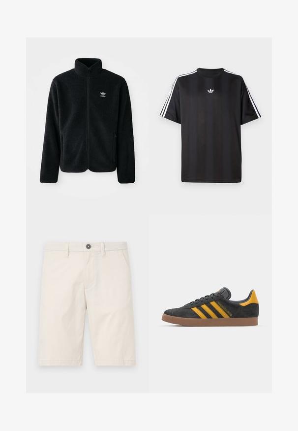 Čierna fleecová bunda s vysokým golierom, zipsom na prednej strane a prednými vreckami. Obsahuje textúrovanú tkaninu a malé biele logo na ľavej hrudi.; Čierne tričko s krátkym rukávom a bielymi trojpruhmi na pleciach a malým bielym logom na hrudi. Hladká textúra látky.; Svetlé béžové šortky vyrobené z bavlny, s rovnym strihom, dvoma bočnými vreckami a jedným čiernym gombíkom na páse.; Čierne semišové tenisky so žltými akcentmi, ktoré majú tri pruhy a hnedú gumovú podrážku. Obsahujú vypolstrovaný jazyk pre pohodlie.