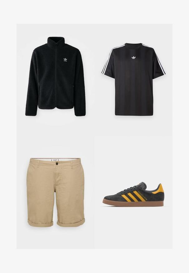 Casaco de fleece preto com gola alta, fecho de correr à frente e bolsos frontais. Apresenta um tecido texturizado e um pequeno logo branco no lado esquerdo do peito.; T-shirt preto de manga curta com detalhes em branco nas três listas nos ombros e um pequeno logo branco no peito. Textura do tecido suave.; Calções de cor caqui claros com um corte reto, feitos de algodão. Apresentam um único botão frontal, bolsos laterais e bainhas dobradas.; Tenis em camurça preta com detalhes amarelos, apresentando três riscas e uma sola de borracha castanha. Inclui uma língua acolchoada para maior conforto.