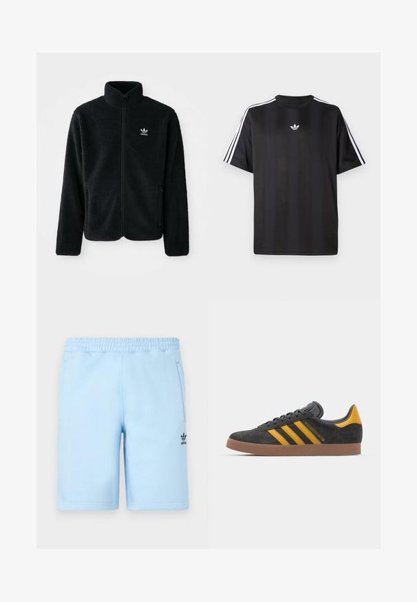 Melns flīsa mētelis ar augstu apkakli, ar rāvējslēdzēju priekšā un priekšējiem kabatām. Iezīmē ar teksturētu audumu un mazu baltu logo uz kreisā krūtīm.; Melns īsām piedurknēm T-krekls ar baltām trīs svītru detaļām uz pleciem un mazu baltu logo uz krūšu apvidus. Gluda auduma tekstūra.; Gaiši zili kokvilnas šorti ar elastīgu jostu, sānu kabatām un melnu Adidas logo zemākajā kreisajā pusē.; Melnas zamšādas kedas ar dzelteniem akcentiem, kurām ir trīs svītras un brūna gumijas zole. Iekļauta mīksta valkāšanas tongue komfortam.