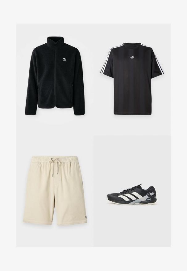Schwarze Fleecejacke mit hohem Kragen, durchgehendem Reißverschluss und Fronttaschen. Verfügt über strukturiertes Material und ein kleines weißes Logo auf der linken Brust.; Schwarzes T-Shirt mit kurzen Ärmeln und weißen drei Streifen an den Schultern sowie einem kleinen weißen Logo auf der Brust. Glatte Stofftextur.; Beige Cordshorts mit elastischem Bund und Kordelzug, ausgestattet mit einer dezenten vertikalen Rippstruktur und einem kleinen Etikett an der Seite.; Schwarzer Sportschuh mit weißen Streifen, Obermaterial aus Mesh, runde Zehenform und gepolstertem Sohlenteil. Verfügt über eine strukturierte Ferse und ein sicheres Schnürsystem.