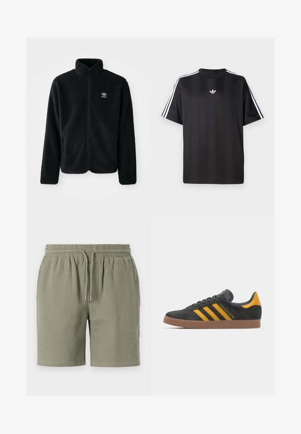 Black fleece jacket with high collar, zip front, and front pockets. Features textured fabric and small white logo on left chest.; Black short-sleeve t-shirt with white three-stripe detailing on shoulders and a small white logo on the chest. Smooth fabric texture.; Waffle-textured, olive green shorts with an elastic waistband, drawstring ties, and a relaxed fit. Smooth hem at the legs.; Black suede sneaker with yellow accents, featuring three stripes and a brown rubber sole. Includes a padded tongue for comfort.