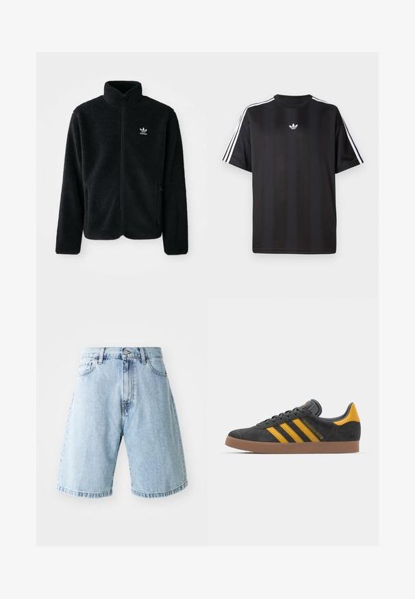 Čierna fleecová bunda s vysokým golierom, zipsom na prednej strane a prednými vreckami. Obsahuje textúrovanú tkaninu a malé biele logo na ľavej hrudi.; Čierne tričko s krátkym rukávom a bielymi trojpruhmi na pleciach a malým bielym logom na hrudi. Hladká textúra látky.; Svetlomodré denimové kraťasy s voľným strihom, s pásom na gombík, prednými vreckami a manžetami na leme. Klasická denimová textúra.; Čierne semišové tenisky so žltými akcentmi, ktoré majú tri pruhy a hnedú gumovú podrážku. Obsahujú vypolstrovaný jazyk pre pohodlie.