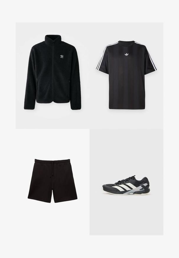 Zwarte fleece jacket met hoge kraag, ritssluiting aan de voorkant en voorzakken. Kenmerkt zich door textuurstof en een klein wit logo op de linkerborst.; Zwarte t-shirt met korte mouwen, voorzien van een witte drievoudige streep op de schouders en een klein wit logo op de borst. Glad textiel.; Zwarte katoenen shorts met een trekkoord in de taille, voorzien van twee voortassen en een zachte, gladde textuur.; Zwarte sportschoen met witte strepen, bovenwerk van mesh, ronde neus en geveerde zool. Heeft een getextureerde hak en een veilig vetersysteem.