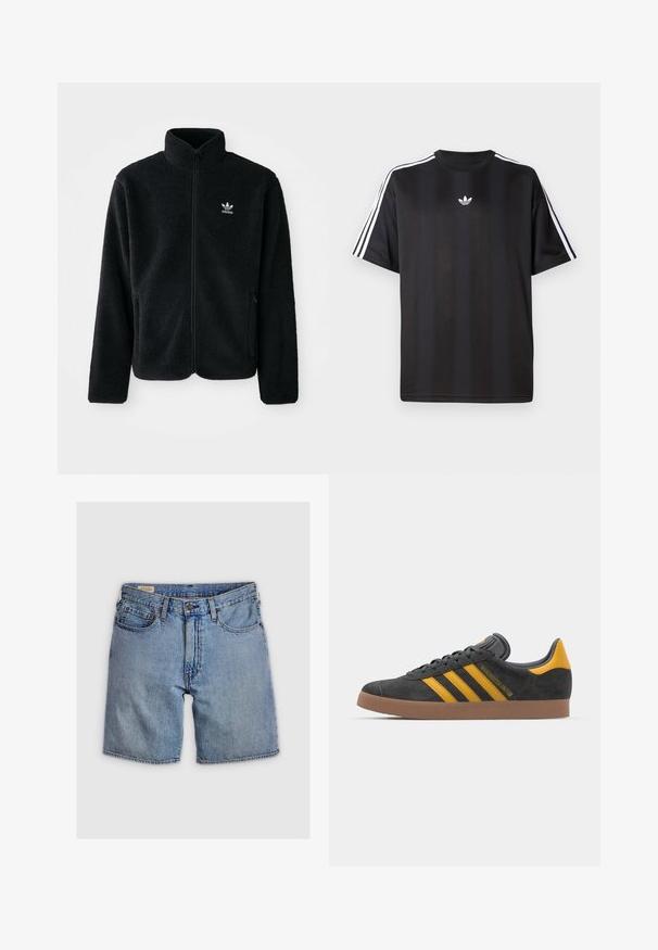 Casaco de fleece preto com gola alta, fecho de correr à frente e bolsos frontais. Apresenta um tecido texturizado e um pequeno logo branco no lado esquerdo do peito.; T-shirt preto de manga curta com detalhes em branco nas três listas nos ombros e um pequeno logo branco no peito. Textura do tecido suave.; Calções de ganga em lavagem azul clara, com cintura alta, cinco bolsos e fecho de zip com botão. A costura é de contraste em laranja.; Tenis em camurça preta com detalhes amarelos, apresentando três riscas e uma sola de borracha castanha. Inclui uma língua acolchoada para maior conforto.