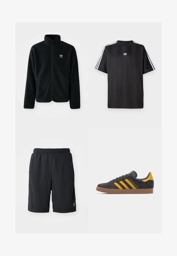 Must värviline fleecedee peasärk kõrge kraega, tõmblukuga esiosa ja esikotid. Omab tekstuuriga kangast ja väikest valget logo vasakul rinnal.; Must t-särk lühikeste varrukatega musta värviga, millel on valged kolmerealised detailid õlgadel ja väike valge logo rinnal. Sile kangas.; Mustad mustadriskortsid, mis on valmistatud hingavast võrkmaterjalist, elastse vöökohtaga ning õrn logo detailiga alumisel paremal küljel.; Mustad sametist spordijalatsid kollaste aktsentidega, millel on kolm triipu ja pruun kummitald. Mugavuse tagamiseks on neil pehmendatud keele osa.