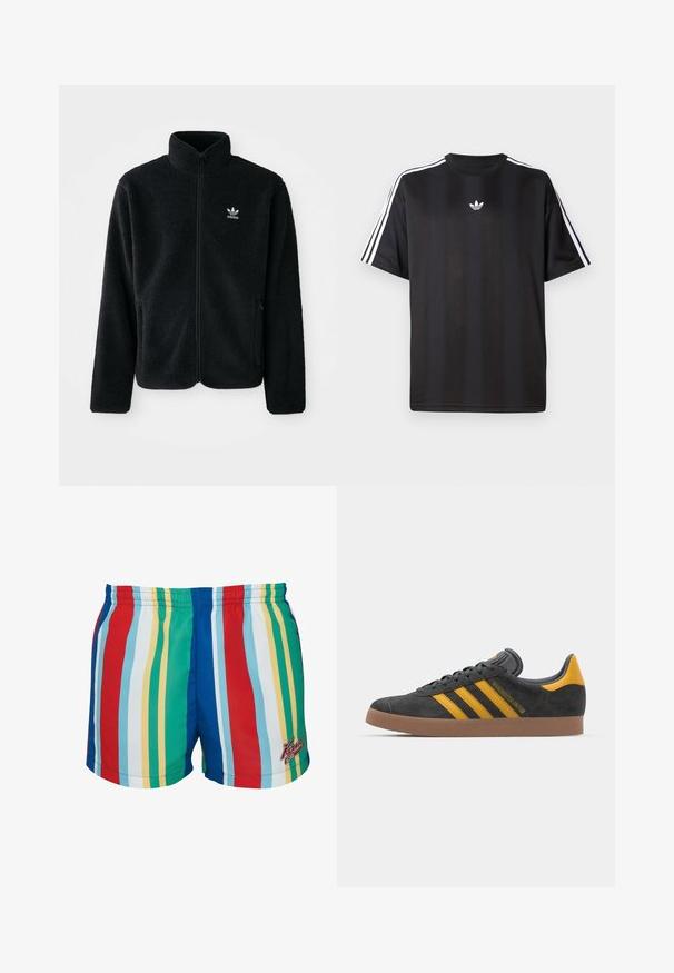 Čierna fleecová bunda s vysokým golierom, zipsom na prednej strane a prednými vreckami. Obsahuje textúrovanú tkaninu a malé biele logo na ľavej hrudi.; Čierne tričko s krátkym rukávom a bielymi trojpruhmi na pleciach a malým bielym logom na hrudi. Hladká textúra látky.; Pestré plavky s vertikálnymi pruhmi v červenej, modrej, zelenej, žltej a bielej farbe. Elastický pás s vyšitým logom.; Čierne semišové tenisky so žltými akcentmi, ktoré majú tri pruhy a hnedú gumovú podrážku. Obsahujú vypolstrovaný jazyk pre pohodlie.