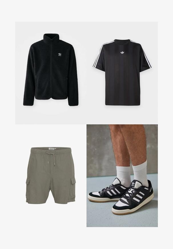 Must värviline fleecedee peasärk kõrge kraega, tõmblukuga esiosa ja esikotid. Omab tekstuuriga kangast ja väikest valget logo vasakul rinnal.; Must t-särk lühikeste varrukatega musta värviga, millel on valged kolmerealised detailid õlgadel ja väike valge logo rinnal. Sile kangas.; Oliivrohelised cargo-shortsid, millel on paelaga vöökoht, küljetaskud ja kerge, tekstuuriga materjal.; Mustvalged ja valged spordijalatsid, mille pealmine osa on valmistatud suede'ist ja nahast. Kingadel on kolm valget riba, auguline varvas ja kummist tald.