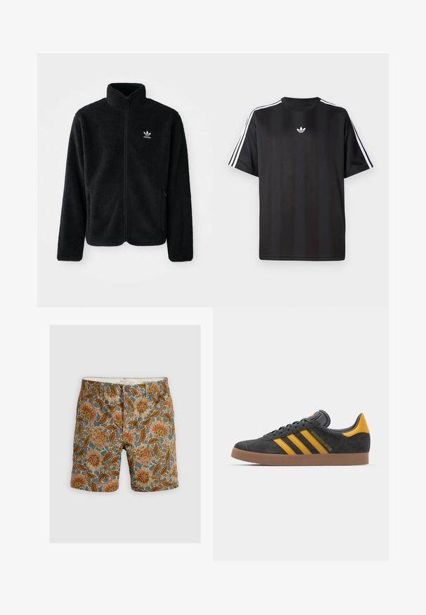 Black fleece jacket with high collar, zip front, and front pockets. Features textured fabric and small white logo on left chest.; Black short-sleeve t-shirt with white three-stripe detailing on shoulders and a small white logo on the chest. Smooth fabric texture.; Patterned shorts featuring a blue background with floral designs in brown, orange, and cream. Made from cotton with a button closure.; Black suede sneaker with yellow accents, featuring three stripes and a brown rubber sole. Includes a padded tongue for comfort.