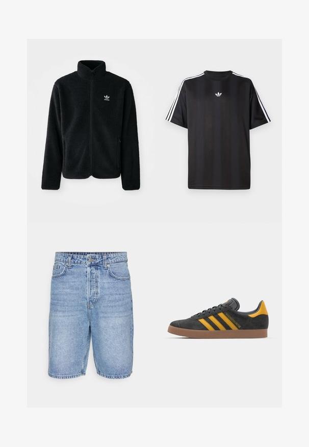 Casaco de fleece preto com gola alta, fecho de correr à frente e bolsos frontais. Apresenta um tecido texturizado e um pequeno logo branco no lado esquerdo do peito.; T-shirt preto de manga curta com detalhes em branco nas três listas nos ombros e um pequeno logo branco no peito. Textura do tecido suave.; Bermudas de denim azul claro com um design clássico, cinco bolsos, fecho com zip e costura visível ao longo das bainhas.; Tenis em camurça preta com detalhes amarelos, apresentando três riscas e uma sola de borracha castanha. Inclui uma língua acolchoada para maior conforto.