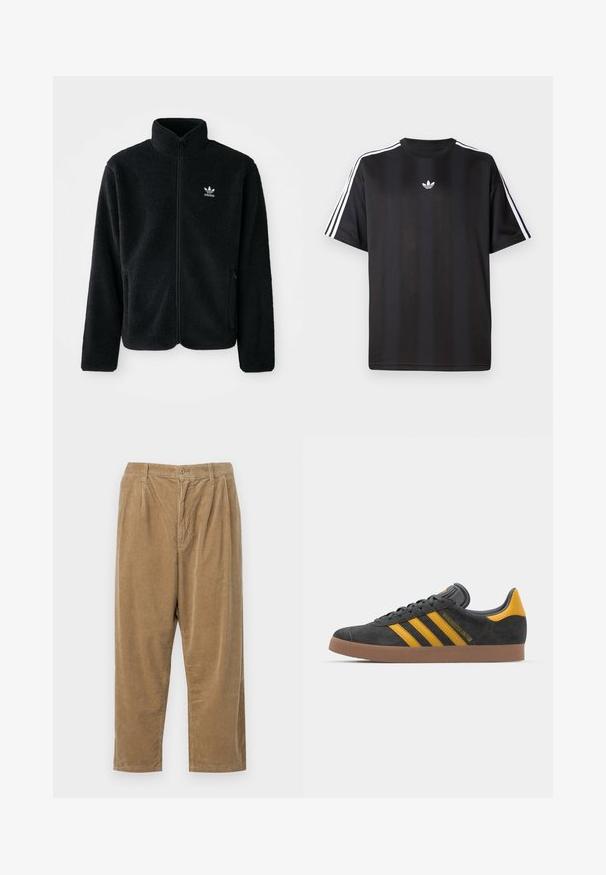 Casaco de fleece preto com gola alta, fecho de correr à frente e bolsos frontais. Apresenta um tecido texturizado e um pequeno logo branco no lado esquerdo do peito.; T-shirt preto de manga curta com detalhes em branco nas três listas nos ombros e um pequeno logo branco no peito. Textura do tecido suave.; Calças de sarja numa cor castanha clara com um padrão texturizado em nervuras, apresentando um fecho de botão e um ajuste descontraído.; Tenis em camurça preta com detalhes amarelos, apresentando três riscas e uma sola de borracha castanha. Inclui uma língua acolchoada para maior conforto.