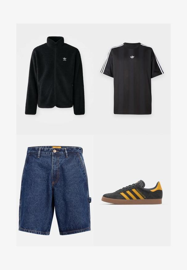 Must värviline fleecedee peasärk kõrge kraega, tõmblukuga esiosa ja esikotid. Omab tekstuuriga kangast ja väikest valget logo vasakul rinnal.; Must t-särk lühikeste varrukatega musta värviga, millel on valged kolmerealised detailid õlgadel ja väike valge logo rinnal. Sile kangas.; Tumesinised teksapüksid heleda õmblusega, esikinnisega nuppude ja vööaasa ning vasakul pool laosakotiga.; Mustad sametist spordijalatsid kollaste aktsentidega, millel on kolm triipu ja pruun kummitald. Mugavuse tagamiseks on neil pehmendatud keele osa.