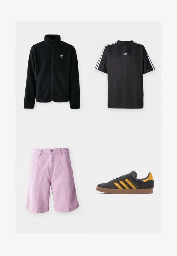 Casaco de fleece preto com gola alta, fecho de correr à frente e bolsos frontais. Apresenta um tecido texturizado e um pequeno logo branco no lado esquerdo do peito.; T-shirt preto de manga curta com detalhes em branco nas três listas nos ombros e um pequeno logo branco no peito. Textura do tecido suave.; Calças de ganga lilás claras com corte straight, apresentando um fecho com botão e zip, design de cinco bolsos e textura subtil.; Tenis em camurça preta com detalhes amarelos, apresentando três riscas e uma sola de borracha castanha. Inclui uma língua acolchoada para maior conforto.
