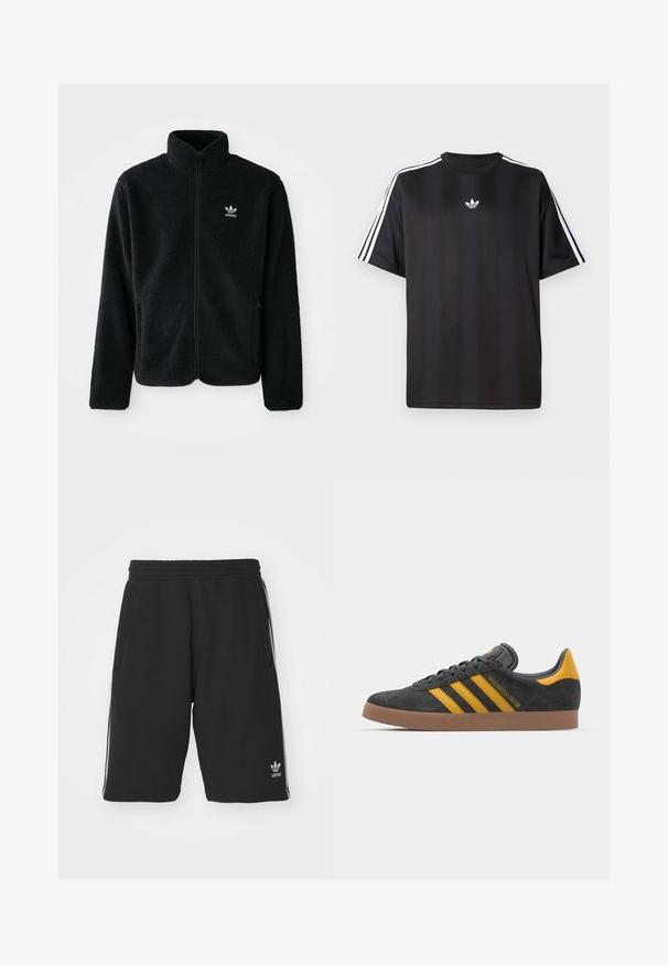 Casaco de fleece preto com gola alta, fecho de correr à frente e bolsos frontais. Apresenta um tecido texturizado e um pequeno logo branco no lado esquerdo do peito.; T-shirt preto de manga curta com detalhes em branco nas três listas nos ombros e um pequeno logo branco no peito. Textura do tecido suave.; Bermudas pretas feitas de uma mistura de algodão com uma cintura elástica, apresentando riscas brancas nas laterais e um pequeno logótipo na parte interior esquerda.; Tenis em camurça preta com detalhes amarelos, apresentando três riscas e uma sola de borracha castanha. Inclui uma língua acolchoada para maior conforto.