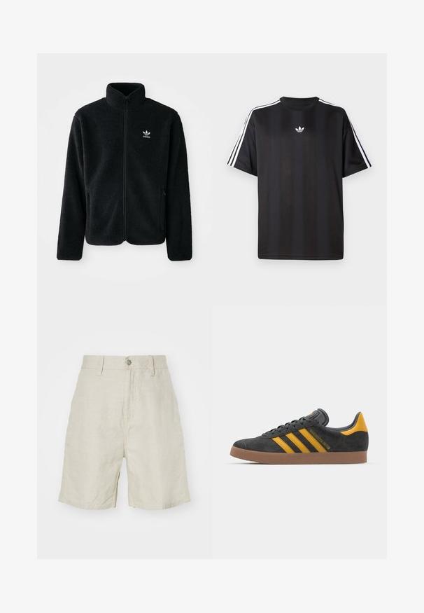 Black fleece jacket with high collar, zip front, and front pockets. Features textured fabric and small white logo on left chest.; Black short-sleeve t-shirt with white three-stripe detailing on shoulders and a small white logo on the chest. Smooth fabric texture.; Linen shorts in light beige, featuring a high waist, button closure, and side pockets. Smooth texture with a relaxed fit.; Black suede sneaker with yellow accents, featuring three stripes and a brown rubber sole. Includes a padded tongue for comfort.