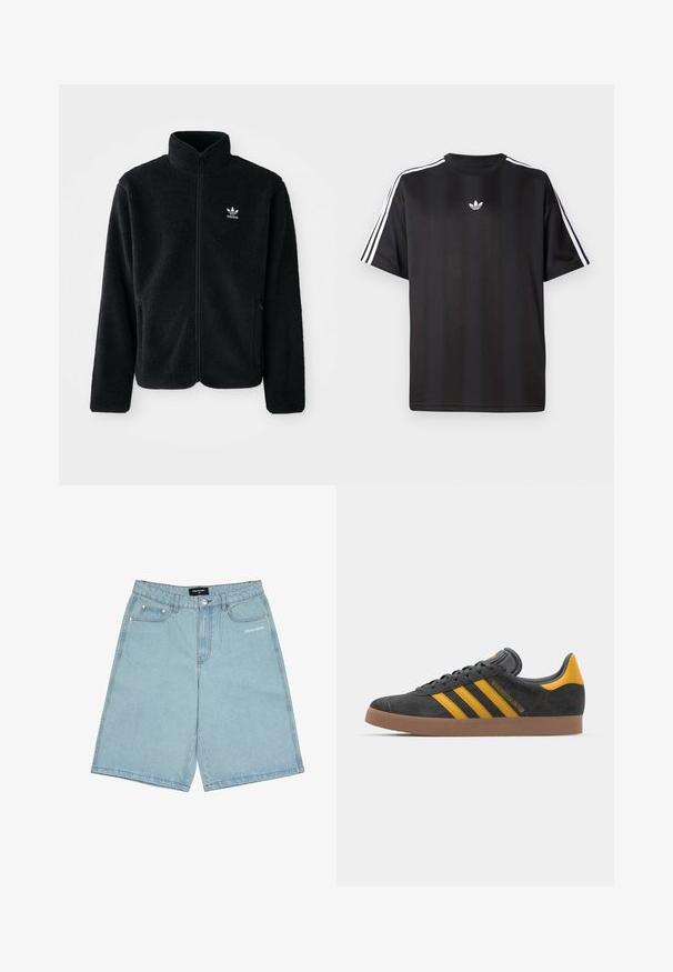 Czarna polarowa kurtka z wysokim kołnierzem, zamek z przodu i kieszeniami z przodu. Posiada teksturowany materiał i małe białe logo na lewej piersi.; Czarna koszulka z krótkim rękawem z białymi, trzema paskami na ramionach oraz małym białym logotypem na klatce piersiowej. Gładka tekstura materiału.; Jasnoniebieskie dżinsowe szorty o luźnym kroju, z pięcioma kieszeniami, z przodem zapinanym na guzik oraz małym białym napisem logo na lewym udzie.; Czarne zamszowe sneakersy z żółtymi akcentami, z trzema paskami i brązową gumową podeszwą. Posiadają wyściełany język dla większego komfortu.