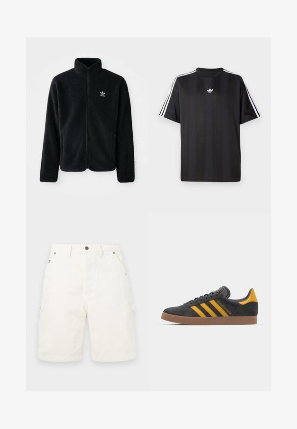 Must värviline fleecedee peasärk kõrge kraega, tõmblukuga esiosa ja esikotid. Omab tekstuuriga kangast ja väikest valget logo vasakul rinnal.; Must t-särk lühikeste varrukatega musta värviga, millel on valged kolmerealised detailid õlgadel ja väike valge logo rinnal. Sile kangas.; Valged puuvillased cargo lühikesed püksid sirge lõikega, ees ja külgedel taskud, metallne nööp sulgemiseks ja vööloopidega. Sile tekstuur.; Mustad sametist spordijalatsid kollaste aktsentidega, millel on kolm triipu ja pruun kummitald. Mugavuse tagamiseks on neil pehmendatud keele osa.