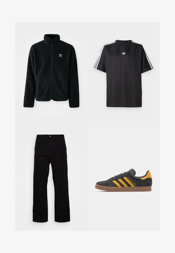 Black fleece jacket with high collar, zip front, and front pockets. Features textured fabric and small white logo on left chest.; Black short-sleeve t-shirt with white three-stripe detailing on shoulders and a small white logo on the chest. Smooth fabric texture.; Black denim pants with a straight leg design, featuring gold hardware accents and visible stitching on the front and back pockets.; Black suede sneaker with yellow accents, featuring three stripes and a brown rubber sole. Includes a padded tongue for comfort.