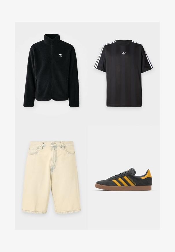 Fekete bolyhos dzseki magas gallérral, cipzáros elejével és elülső zsebeivel. Texturált anyaga és kis fehér logója van a bal mellen.; Fekete, rövid ujjú póló fehér háromcsíkos díszítéssel a vállakon és egy kis fehér logóval a mellkasán. Simább anyag textúra.; Beige farmernadrág rövidnadrág egyenes szabással, öt zsebbel és övhurkokkal. Jellemzője egy enyhén megkopott megjelenés és varrási díszítés.; Fekete velúrbőr sportcipő sárga díszítéssel, három csíkkal és barna gumitalppal. Párnázott nyelvével a kényelem érdekében.