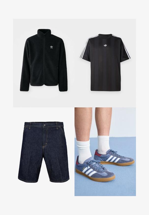 Črna flis jakna z visokim ovratnikom, z zadrgo spredaj in sprednjimi žepi. Ima strukturno blago in majhno belo logo na levi strani prsnega koša.; Crna majica s kratkimi рукави in belimi трими črtami na ramah ter majhnim belim logotipom na prsih. Gladka tekstura tkanine.; Jeans kratke hlače v temno modri barvi z rumenim šivom, z gumbom spredaj, pasom za pas in stranskimi žepi. Gladka tekstura, zasnova do kolen.; Modre semiš tene z belimi črtami, gumijast podplat, rdeči detajli na peti in sivi čipke. Obute z belimi rebrastimi nogavicami.