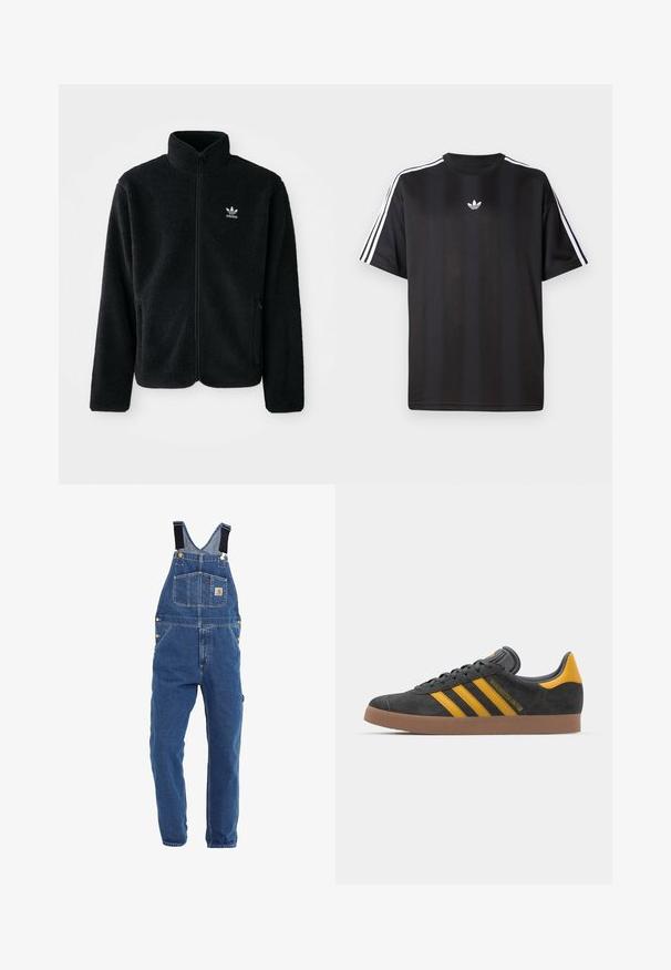 Casaco de fleece preto com gola alta, fecho de correr à frente e bolsos frontais. Apresenta um tecido texturizado e um pequeno logo branco no lado esquerdo do peito.; T-shirt preto de manga curta com detalhes em branco nas três listas nos ombros e um pequeno logo branco no peito. Textura do tecido suave.; Macacão de ganga em tom azul médio, com alças pretas ajustáveis, múltiplos bolsos e detalhes em metal.; Tenis em camurça preta com detalhes amarelos, apresentando três riscas e uma sola de borracha castanha. Inclui uma língua acolchoada para maior conforto.