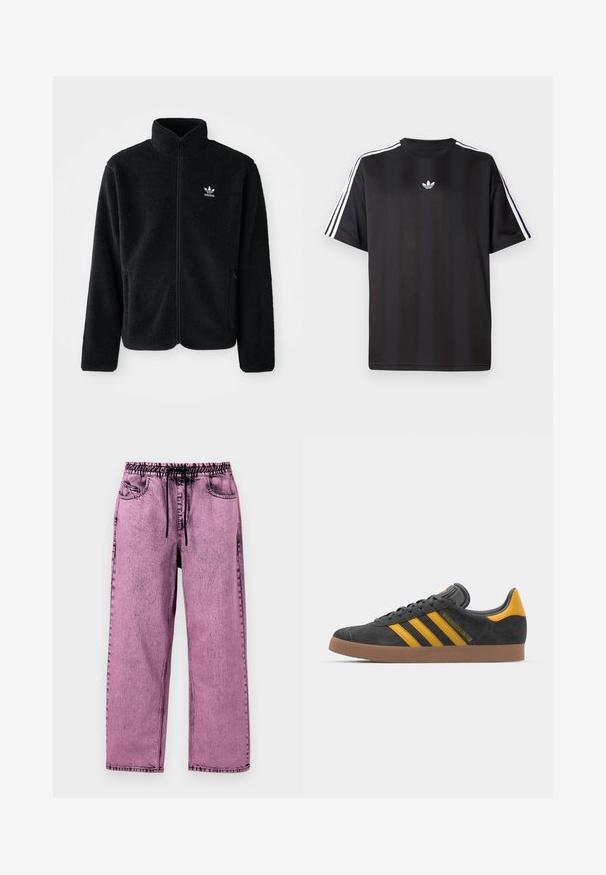 Chupa de forro polar negro con cuello alto, cierre frontal y bolsillos delanteros. Presenta tela texturizada y un pequeño logo blanco en el lado izquierdo del pecho.; Camiseta negra de manga corta con detalles de tres rayas blancas en los hombros y un pequeño logo blanco en el pecho. Textura de tela suave.; Pantalones de mezclilla rosa con cinturilla elástica y cordón de ajuste, que cuentan con bolsillos laterales y un corte relajado. Textura desgastada en toda la prenda.; Zapatillas de ante negro con acentos amarillos, que presentan tres franjas y una suela de goma marrón. Incluyen una lengüeta acolchada para mayor comodidad.