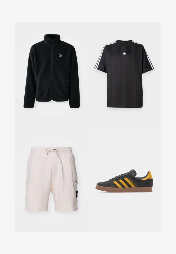 Schwarze Fleecejacke mit hohem Kragen, durchgehendem Reißverschluss und Fronttaschen. Verfügt über strukturiertes Material und ein kleines weißes Logo auf der linken Brust.; Schwarzes T-Shirt mit kurzen Ärmeln und weißen drei Streifen an den Schultern sowie einem kleinen weißen Logo auf der Brust. Glatte Stofftextur.; Helle beige Baumwollshorts mit einem elastischen Bund, Kordelzug, seitlichen Taschen und einem auffälligen schwarzen Patch-Label an der Seite.; Schwarze Wildledersneaker mit gelben Akzenten, ausgestattet mit drei Streifen und einer braunen Gummisohle. Enthält eine gepolsterte Zunge für zusätzlichen Komfort.