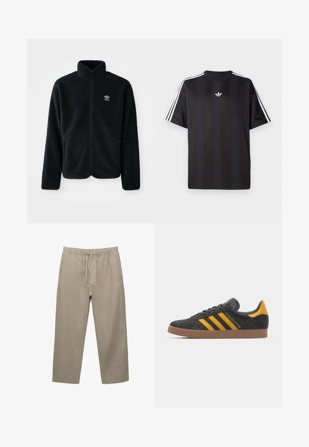 Černá fleecová bunda s vysokým límcem, předním zipem a předními kapsami. Disponuje strukturovanou tkaninou a malým bílým logem na levé hrudi.; Černé tričko s krátkým rukávem s bílými třemi pruhy na ramenou a malým bílým logem na hrudi. Hladká textilie.; Beige bavlněné kalhoty s elastickým pasem a nastavitelnou šňůrkou. Rovný střih s bočními kapsami a hladkým povrchem.; Černé semišové tenisky se žlutými akcenty, vybavené třemi pruhy a hnědou gumovou podrážkou. Obsahují polstrovaný jazyk pro pohodlí.