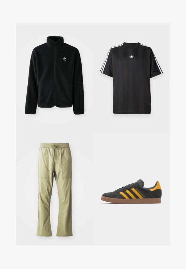 Juodas fliso džemperis su aukštu apykakle, užtrauktuku priekyje ir priekinėmis kišenėmis. Ypatybės: tekstūruota medžiaga ir mažas baltas logotipas kairėje krūtinės pusėje.; Juodas trumpomis rankovėmis marškinėliai su balta trimis juostelėmis ant pečių ir mažai balta logotipo krūtinėje. Lygus audinio tekstūra.; Tamsiai žalia, lengvi cargo tipo kelnės su virvute juosmenyje, dviem priekinėmis kišenėmis ir laisvu siluetu. Lygus medvilnės audinys, tiesios kojos dizainas.; Juodas zomšinės sportbačiai su geltonais akcentais, turintys tris juosteles ir rudą gumos padą. Apima paminkštintą liežuvėlį patogumui.