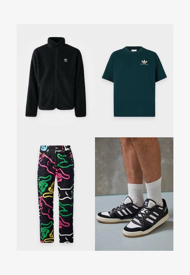 Juodas fliso džemperis su aukštu apykakle, užtrauktuku priekyje ir priekinėmis kišenėmis. Ypatybės: tekstūruota medžiaga ir mažas baltas logotipas kairėje krūtinės pusėje.; Tamsiai žalias medvilnės marškinėliai su apvaliu kaklu, trumpomis rankovėmis ir auksiniu atspaudiniu, kuriame pavaizduoti trys lapai ir žodis "KREPSINIS".; Džinsai su juodu pagrindu ir spalvingais abstrakčiais raštais rožinės, žalios, mėlynos, gelsvos ir baltos spalvų. Standartinis penkių kišenių dizainas.; Juodos ir baltos sportinės bateliai su zomšiniu ir odiniu viršumi, su trimis baltomis juostelėmis, perforuota koja ir guminėmis padais.