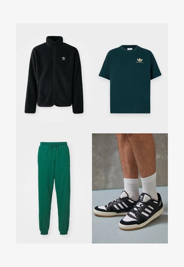 Casaco de fleece preto com gola alta, fecho de correr à frente e bolsos frontais. Apresenta um tecido texturizado e um pequeno logo branco no lado esquerdo do peito.; T-shirt de algodão verde-escuro com decote redondo, mangas curtas e um logótipo impresso a dourado com três folhas e a palavra "BASKETBALL."; Calças de algodão verdes com um cós elástico e cordão, punhos elásticos e bolsos laterais. O tecido parece suave com uma textura lisa.; Ténis em preto e branco com upper em camurça e couro, apresentando três riscas brancas, um toe perfurado e uma sola em borracha de goma.