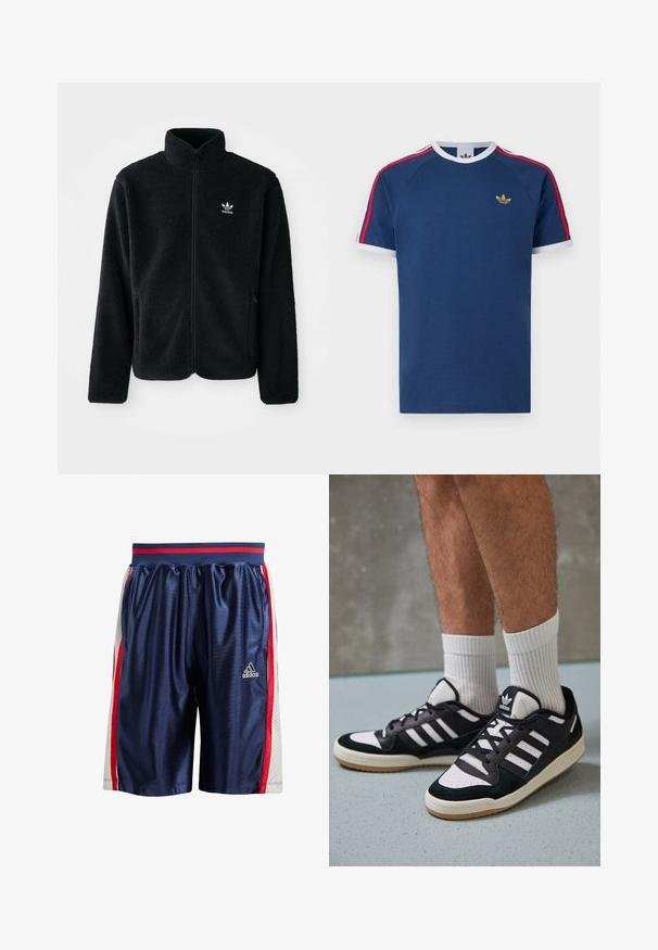 Casaco de fleece preto com gola alta, fecho de correr à frente e bolsos frontais. Apresenta um tecido texturizado e um pequeno logo branco no lado esquerdo do peito.; T-shirt azul-marinho feita de algodão macio, com riscas brancas e vermelhas nas mangas, gola redonda e um pequeno logótipo dourado no peito.; Calções de atletismo azuis com um acabamento brilhante. Apresentam riscas laterais vermelhas e brancas e painéis de malha ventilados. Cintura elástica com realces vermelhos.; Ténis em preto e branco com upper em camurça e couro, apresentando três riscas brancas, um toe perfurado e uma sola em borracha de goma.