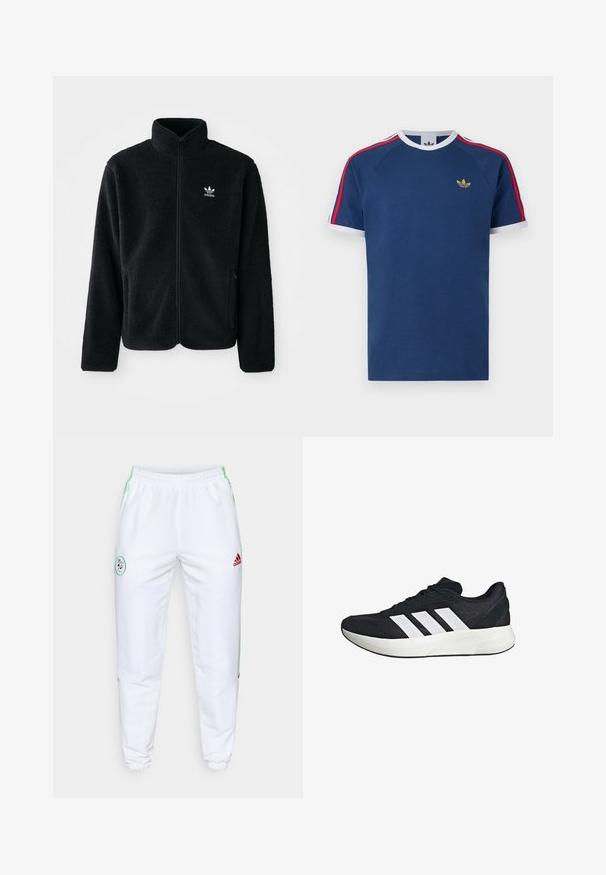 Musta fleece-takki, jossa on korkea kaulus, vetoketjusuljenta ja etutaskut. Käyttää teksturoitua kangasta ja siinä on pieni valkoinen logo vasemmassa rinnassa.; Laivastonsininen t-paita, joka on valmistettu pehmeästä puuvillasta. Siinä on valkoiset ja punaiset raidat hihoissa, pyöreä kaula-aukko ja pieni kultainen logo rinnassa.; Valkoiset urheiluhousut, joissa on joustava vyötärö, vihreät sivuhaitari ja punainen Adidas-logo. Mukana on pyöreä brodeerattu merkki reidessä.; Musta urheilukenkä, jossa hengittävä verkkopäällinen, kolme valkoista raitaa sivussa, tukeva kumipohja ja minimalistiset design-ominaisuudet.