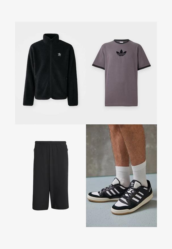 Juodas fliso džemperis su aukštu apykakle, užtrauktuku priekyje ir priekinėmis kišenėmis. Ypatybės: tekstūruota medžiaga ir mažas baltas logotipas kairėje krūtinės pusėje.; Pilkas medvilnės marškinėliai su juodu guboto apykakle ir trumpomis rankovėmis, priekyje yra juodas "Adidas" logotipas.; Juodi sportiniai šortai su elastine juosta, šonuose su užtrauktukais, pagaminti iš glotnaus, lengvo audinio. Paprastas, funkcinis dizainas.; Juodos ir baltos sportinės bateliai su zomšiniu ir odiniu viršumi, su trimis baltomis juostelėmis, perforuota koja ir guminėmis padais.