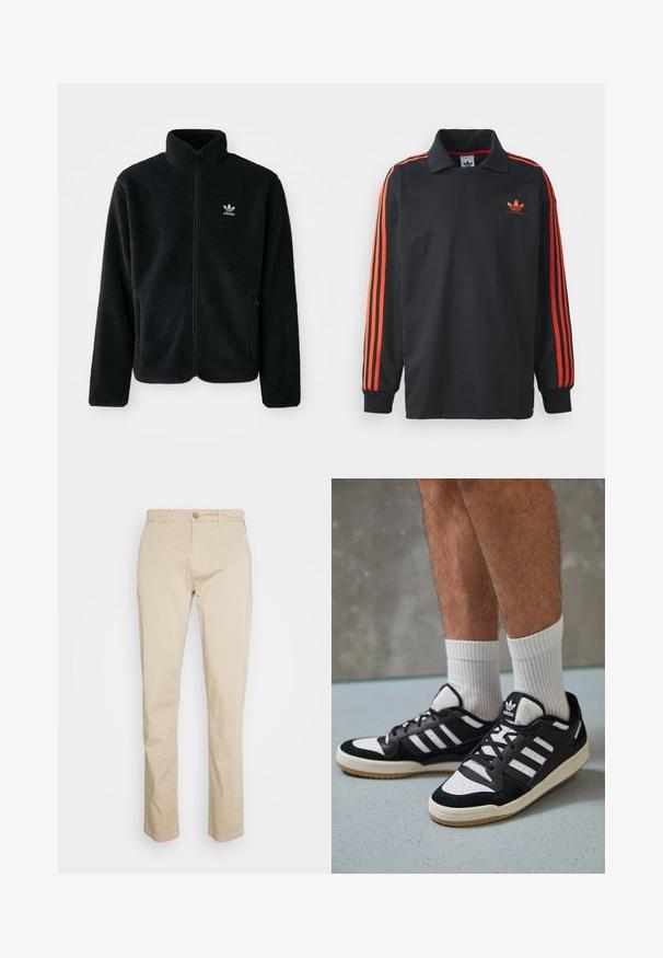 Musta fleece-takki, jossa on korkea kaulus, vetoketjusuljenta ja etutaskut. Käyttää teksturoitua kangasta ja siinä on pieni valkoinen logo vasemmassa rinnassa.; Musta pitkähiha polo, jossa on kaulus, punaiset raidat hihoissa ja pieni punainen logo rinnassa. Sileä kankaan pinta.; Beige puuvillachinot suoraan lahkeilla, joissa on nappisulku ja hienovarainen rakenne. Ei näkyviä kuvioita tai yksityiskohtia.; Valkoiset ja mustat tennarit, joissa on mokkanahka- ja nahkapäällinen, kolme valkoista raitaa, rei'itetty kärki ja kumipohja.