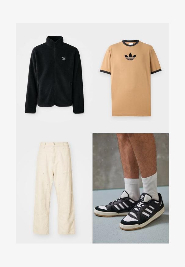 Crna fleec jakna s visokim ovratnikom, prednjim zatvaračem i prednjim džepovima. Ima teksturirani materijal i mali bijeli logo na lijevoj strani prsnog koša.; Pješčana pamučna majica s crnim rebrastim O izrezom i manžetama. Sadrži crni Adidas logo s tri pruge ispod logotipa na prsima.; Pamučne hlače širokih nogavica u svijetloj bež boji, s prednjim džepovima, kopčanjem na dugme i vidljivim šavovima za dodatnu teksturu.; Crne i bijele tenisice s gornjim dijelom od antilopa i kože, s tri bijele pruge, perforiranim prstom i gumiranim potplatom.
