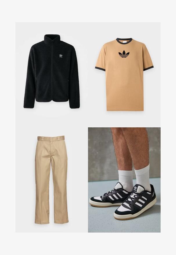 Casaco de fleece preto com gola alta, fecho de correr à frente e bolsos frontais. Apresenta um tecido texturizado e um pequeno logo branco no lado esquerdo do peito.; T-shirt de algodão bege com um decote redondo e punhos canelados em preto. Apresenta um logótipo da Adidas em preto com três riscas abaixo do logótipo no peito.; Calças caqui com um design de perna reta, feitas de um tecido resistente, com uma textura suave e frente com duplo pregueado para um detalhe adicional.; Ténis em preto e branco com upper em camurça e couro, apresentando três riscas brancas, um toe perfurado e uma sola em borracha de goma.
