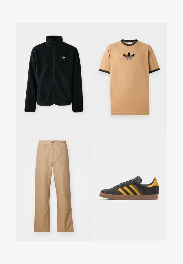 Melns flīsa mētelis ar augstu apkakli, ar rāvējslēdzēju priekšā un priekšējiem kabatām. Iezīmē ar teksturētu audumu un mazu baltu logo uz kreisā krūtīm.; Izmēra kokvilnas krekls ar melnu ribu apkakli un piedurknēm. Uz krūtīm ir melns Adidas logo ar trim svītrām zem tā.; Beigu platā kāja bikses, izgatavotas no kanvas, ar priekšējām kabatām, zeltītām detaļām un plakanu priekšpusi.; Melnas zamšādas kedas ar dzelteniem akcentiem, kurām ir trīs svītras un brūna gumijas zole. Iekļauta mīksta valkāšanas tongue komfortam.