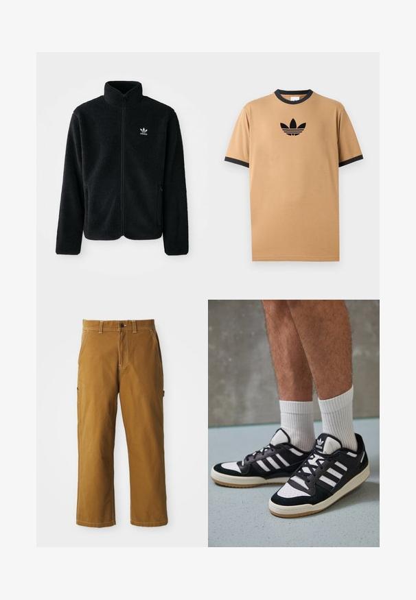 Zwarte fleece jacket met hoge kraag, ritssluiting aan de voorkant en voorzakken. Kenmerkt zich door textuurstof en een klein wit logo op de linkerborst.; Tanskleurig katoenen T-shirt met een zwarte ribgebreide ronde halslijn en manchetten. Heeft een zwart Adidas-logo met drie strepen onder het logo op de borst.; Bruine katoenen broek met een rechte snit, versterkte stiksels en zijzakken. Beschikt over een knoopsluiting en riemlussen in de taille.; Zwart-witte sneakers met een bovenwerk van suede en leer, voorzien van drie witte strepen, een geperforeerde neus en een rubberen gumzool.