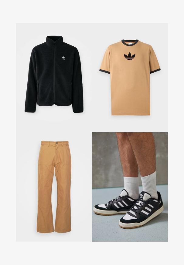 Fekete bolyhos dzseki magas gallérral, cipzáros elejével és elülső zsebeivel. Texturált anyaga és kis fehér logója van a bal mellen.; Barna pamut póló fekete bordázott kerek nyakkal és mandzsettával. A mellkasán fekete Adidas logó található, alatta három csíkkal.; Többször használható, tartós anyagból készült homokszínű cargo nadrág, oldalsó zsebekkel, fém díszítőelemekkel, egyenes szabással és normál derékkal.; Fekete-fehér tornacipők velúr és bőr felsőrésszel, három fehér csíkkal, perforált orral és gumi talppal.