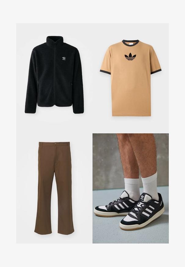 Sort fleecejakke med høj krave, lynlås foran og frontlommer. Har tekstureret stof og lille hvidt logo på venstre bryst.; Sandfarvet bomulds-T-shirt med sort ribbet rund hals og manchetter. Har et sort Adidas-logo med tre striber nedenfor logoet på brystet.; Brune flagrende bukser lavet af glat stof med knaplukning, der har forlommer og lige søm langs benene.; Sorte og hvide sneakers med en overdel i ruskind og læder, der har tre hvide striber, en perforeret tå og en sål i gummigummi.