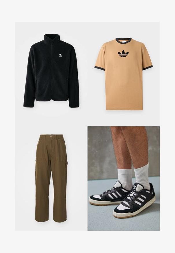 Must värviline fleecedee peasärk kõrge kraega, tõmblukuga esiosa ja esikotid. Omab tekstuuriga kangast ja väikest valget logo vasakul rinnal.; Beige puuvillane T-särk musta ribiga ümar kaeluse ja varrukate otstega. Ees on must Adidas logo ja selle all kolm triipu.; Pruunid cargosid, mis on valmistatud vastupidavast puuvilla segust, pakuvad suuri küljetaskuid, lõdvemat lõiget ja sirget sääre disaini nähtavate õmblustega.; Mustvalged ja valged spordijalatsid, mille pealmine osa on valmistatud suede'ist ja nahast. Kingadel on kolm valget riba, auguline varvas ja kummist tald.