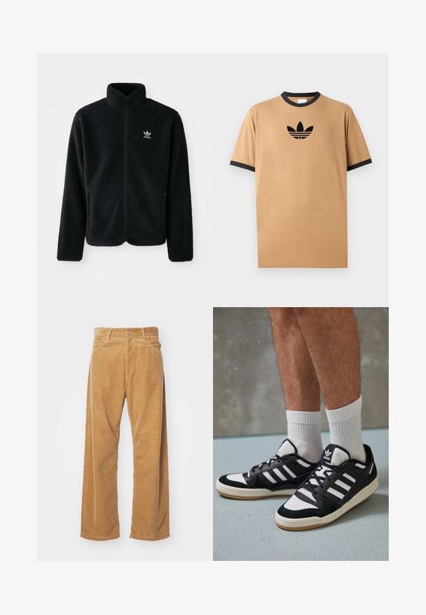 Zwarte fleece jacket met hoge kraag, ritssluiting aan de voorkant en voorzakken. Kenmerkt zich door textuurstof en een klein wit logo op de linkerborst.; Tanskleurig katoenen T-shirt met een zwarte ribgebreide ronde halslijn en manchetten. Heeft een zwart Adidas-logo met drie strepen onder het logo op de borst.; Corduroy wijde broek in een tan kleur. Kenmerkt zich door geprofileerde, verticale ribbels, met een standaard tailleband en twee voorzakken.; Zwart-witte sneakers met een bovenwerk van suede en leer, voorzien van drie witte strepen, een geperforeerde neus en een rubberen gumzool.