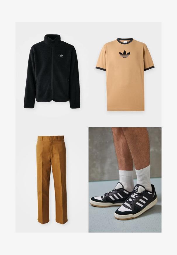 Juodas fliso džemperis su aukštu apykakle, užtrauktuku priekyje ir priekinėmis kišenėmis. Ypatybės: tekstūruota medžiaga ir mažas baltas logotipas kairėje krūtinės pusėje.; Šviesiai ruda medvilninė marškinėliai su juodu kanalų apykaklė ir rankogaliais. Krūtinėje pateiktas juodas Adidas logotipas su trimis juostelėmis po juo.; Rudos, pritaikyti kelnes su lygiu paviršiumi, su tiesaus kirpimo dizainu, klostėmis priekyje ir standartiniu juosmeniu.; Juodos ir baltos sportinės bateliai su zomšiniu ir odiniu viršumi, su trimis baltomis juostelėmis, perforuota koja ir guminėmis padais.