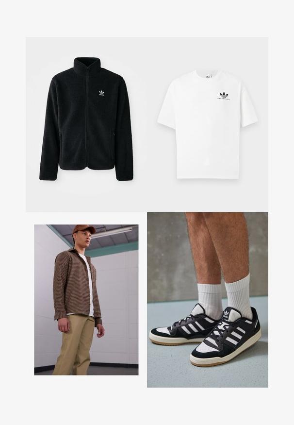 Casaco de fleece preto com gola alta, fecho de correr à frente e bolsos frontais. Apresenta um tecido texturizado e um pequeno logo branco no lado esquerdo do peito.; T-shirt de algodão branco com mangas curtas, apresentando um logótipo preto "BASKETBALL" e o icónico design de três riscas na parte da frente.; Camisa de botão com padrão xadrez castanho, de mangas compridas, combinada com calças bege, usada sobre uma t-shirt branca. Modelo está em um ambiente interno simples.; Ténis em preto e branco com upper em camurça e couro, apresentando três riscas brancas, um toe perfurado e uma sola em borracha de goma.