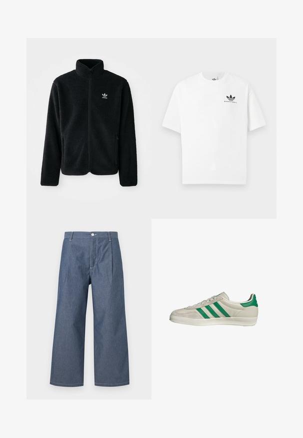 Giacca in pile nera con colletto alto, chiusura zip frontale e tasche anteriori. Presenta un tessuto testurizzato e un piccolo logo bianco sul lato sinistro del petto.; T-shirt bianco in cotone con maniche corte, caratterizzato da un logo nero "BASKETBALL" e dal noto design a tre strisce sul davanti.; Pantaloni in denim leggero di colore blu scuro, con vita alta, gambe wide, pieghe frontali e chiusura con bottone.; Sneaker beige con strisce verdi, con suola bianca e tomaia in pelle liscia. Vista laterale che evidenzia i dettagli dei lacci e il logo.