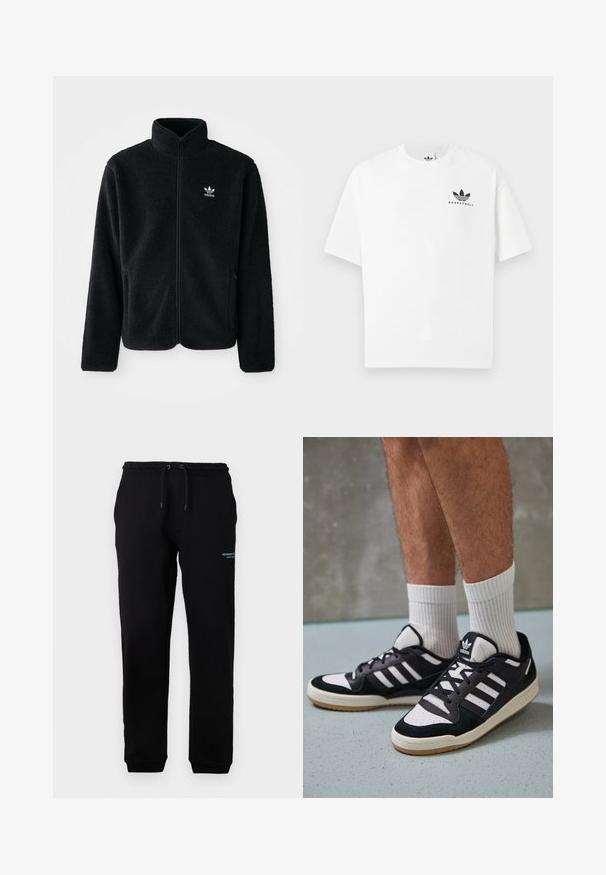 Juodas fliso džemperis su aukštu apykakle, užtrauktuku priekyje ir priekinėmis kišenėmis. Ypatybės: tekstūruota medžiaga ir mažas baltas logotipas kairėje krūtinės pusėje.; Balta medvilninė marškinėlių su trumpomis rankovėmis, su juodu "BASKETBALL" logotipu ir ikonišku trimis juostelėmis dizainu priekyje.; Juodi sportiniai kelnių su elastingu juosmeniu ir raišteliu, su šoninėmis kišenėmis ir mažai spausdintu logotipu kairiajame šlaunyje. Minkšta medžiaga.; Juodos ir baltos sportinės bateliai su zomšiniu ir odiniu viršumi, su trimis baltomis juostelėmis, perforuota koja ir guminėmis padais.