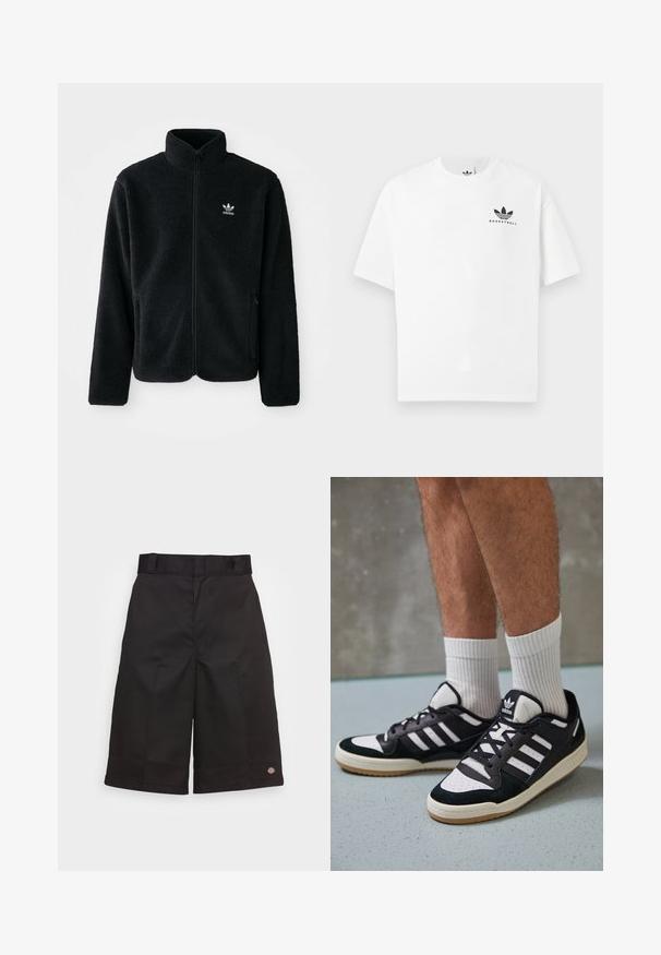 Casaco de fleece preto com gola alta, fecho de correr à frente e bolsos frontais. Apresenta um tecido texturizado e um pequeno logo branco no lado esquerdo do peito.; T-shirt de algodão branco com mangas curtas, apresentando um logótipo preto "BASKETBALL" e o icónico design de três riscas na parte da frente.; Calções de algodão pretos com um corte reto, até ao joelho, apresentando um logótipo da marca visível na bainha e uma textura suave.; Ténis em preto e branco com upper em camurça e couro, apresentando três riscas brancas, um toe perfurado e uma sola em borracha de goma.